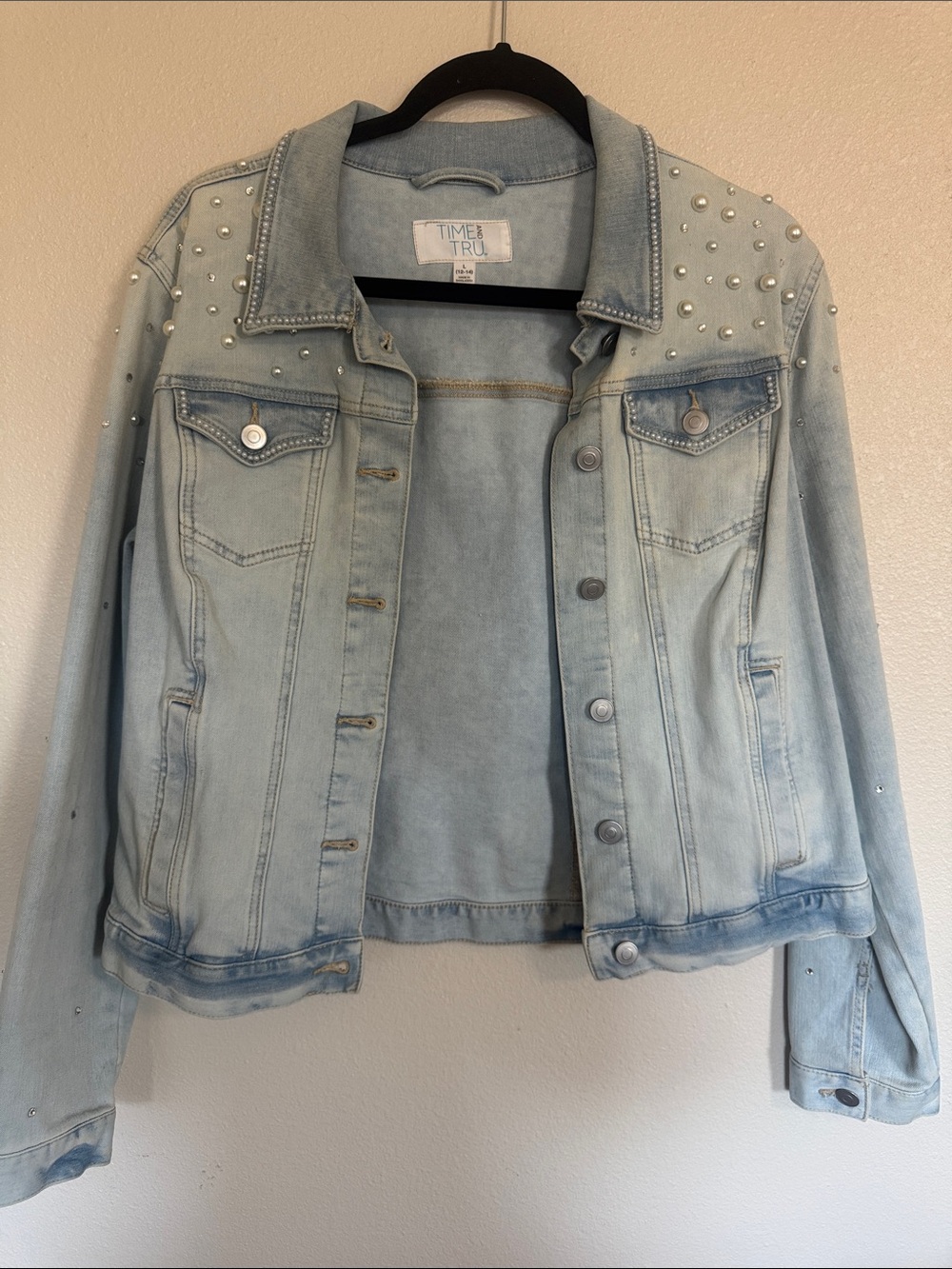 Time and Tru Pearl-Accented Light Blue Denim Jacket